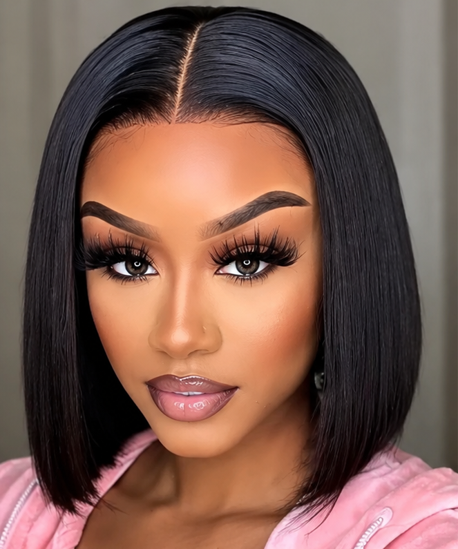 Model wearing a black straight bob wig