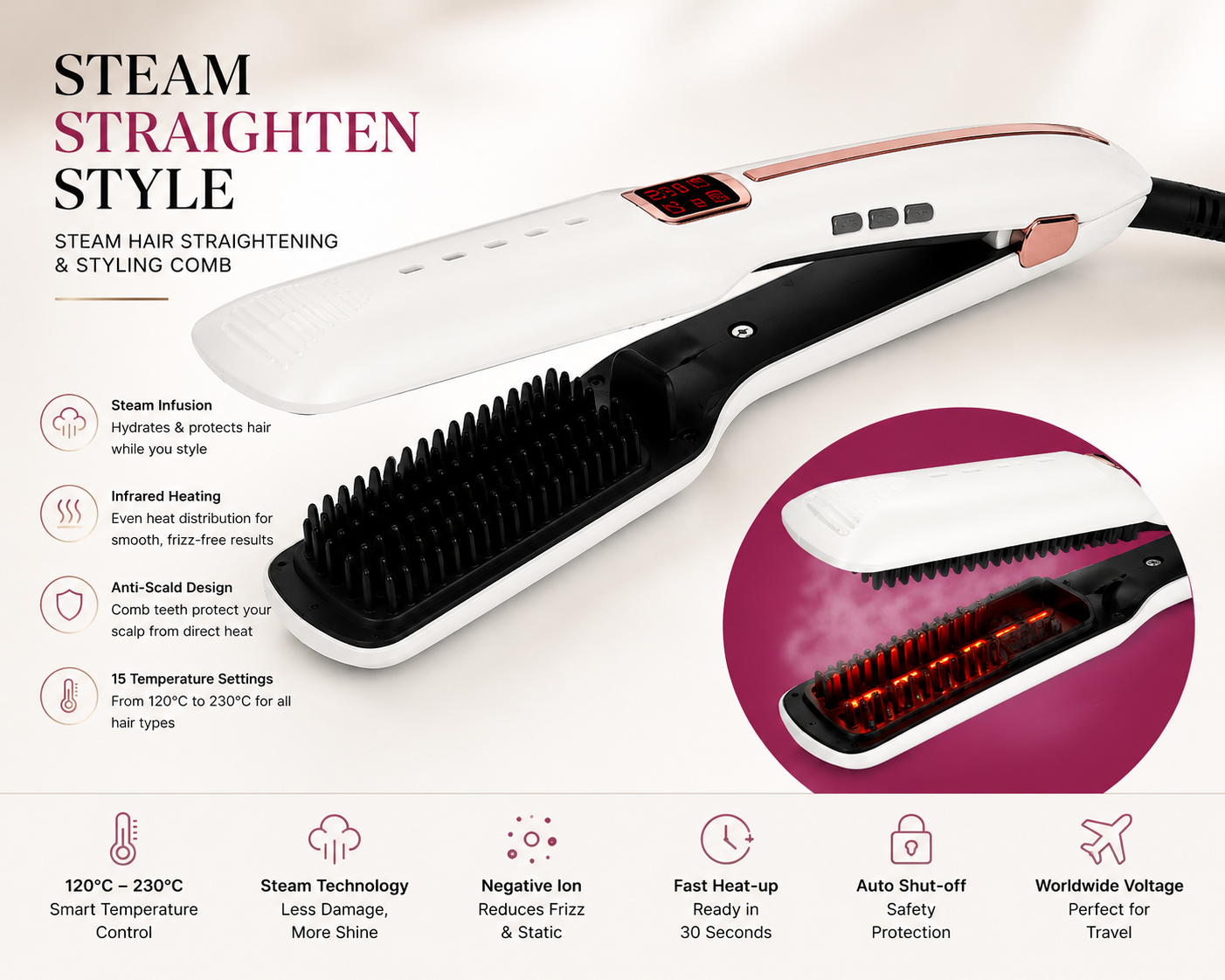 Steam Hair Straightening & Styling Comb