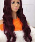 Burgundy human blend lace front wig front and side view