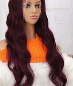 Burgundy human blend lace front wig front and side view