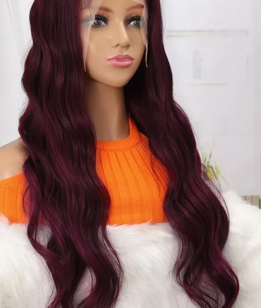 Burgundy human blend lace front wig front and side view
