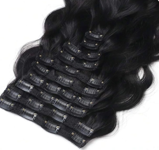 Close-up of clip-in extension wefts and clips