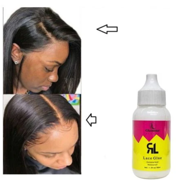 Glamour RL lace glue bottle and wig styling examples