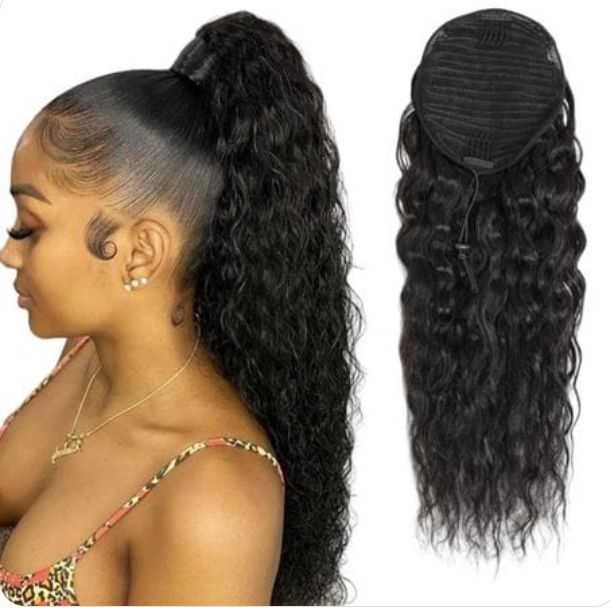 24 inch Water Wave Drawstring Ponytail styled and rear attachment view