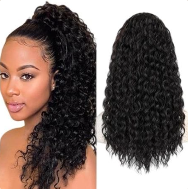 24 inch Water Wave Drawstring Ponytail styled and product view